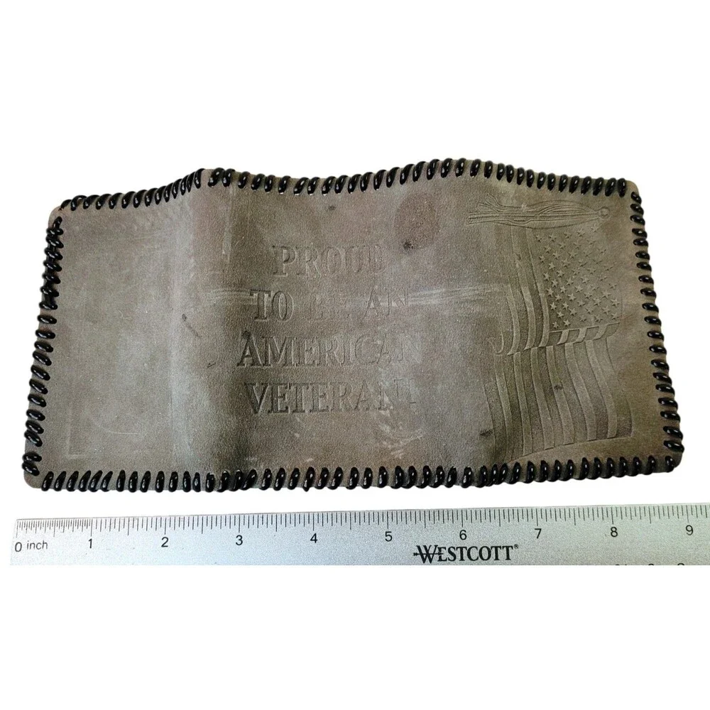 PROUD TO BE AN AMERICAN VETERAN!  Handmade Gray Leather Billfold Wallet Trifold